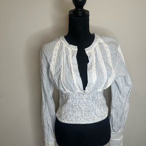 Free people long sleeve blue pinstripe bohemian crop top v-neck